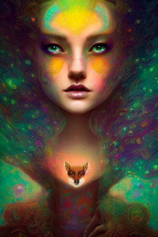 Image similar to lsd, acid trip, intricate fractals, a detailed portrait of a beautiful woman with ( fox ) features, in professional makeup, dramatic lighting, by lois van baarle, ross tran, greg rutkowski, 4 k, trending on artstation