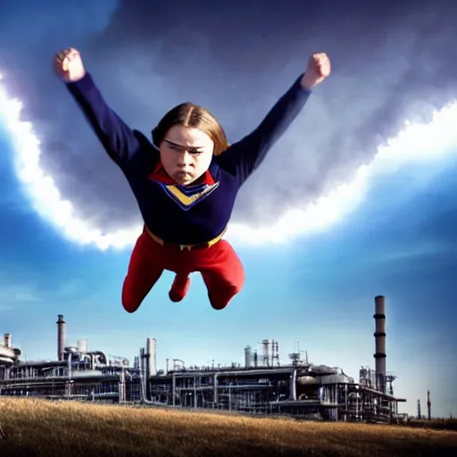 Image similar to epic photo of greta thunberg flying as superman realistic backlit background oil refinery explosions and black smoke. cinematic realistic photographic epic lighting