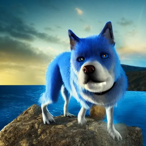 Prompt: a realistic blue dog superhero with water powers and glowing eyes, on a cliff