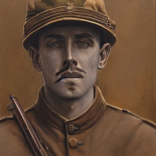 Prompt: a detailed photorealistic sepia - toned color portrait painting of a 1 9 1 7 worried clean - shaven british lieutenant in detailed field gear wearing a finely - detailed pith helmet in wadi rum, ultra realistic, intricate details, atmospheric, dark, horror, brooding, highly detailed, by clyde caldwell