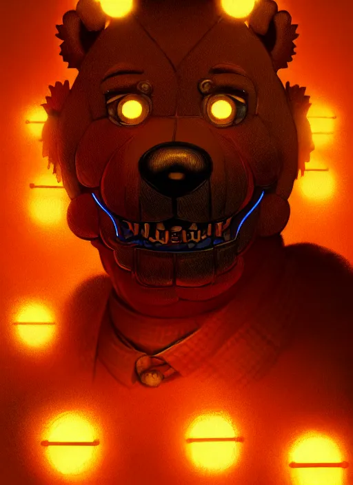 Image similar to portrait of freddy fazbear, intricate, elegant, glowing lights, highly detailed, digital painting, artstation, concept art, sharp focus, illustration, art by wlop, mars ravelo and greg rutkowski