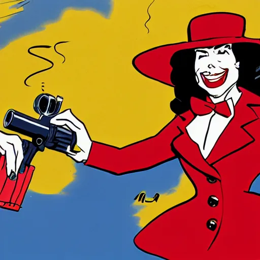 Image similar to carmen sandiego shooting a mace gun, high - res, art by dr. seuss