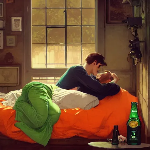 Image similar to young man in orange shirt and a girl in green shirt sleeping in bed close to guinness bottles highly detailed, digital painting, artstation, concept art, smooth, sharp focus, illustration, art by artgerm and greg rutkowski and alphonse mucha