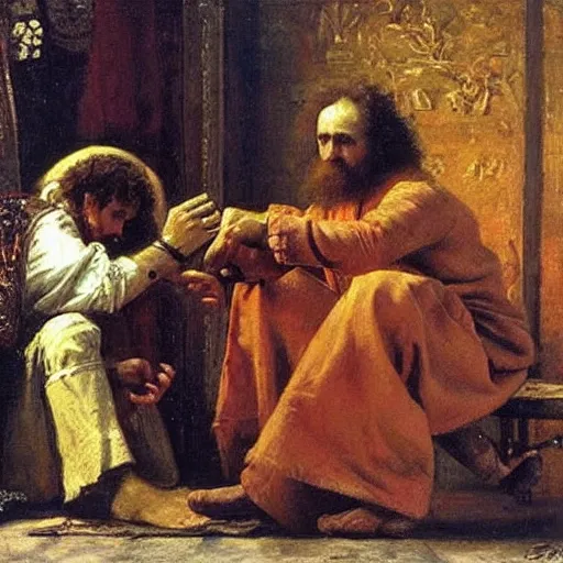 Image similar to curly haired australian greaving the loss of his toe nail in the style of ivan the terrible and his son ivan on 1 6 november 1 5 8 1 a painting by russian realist artist ilya repin