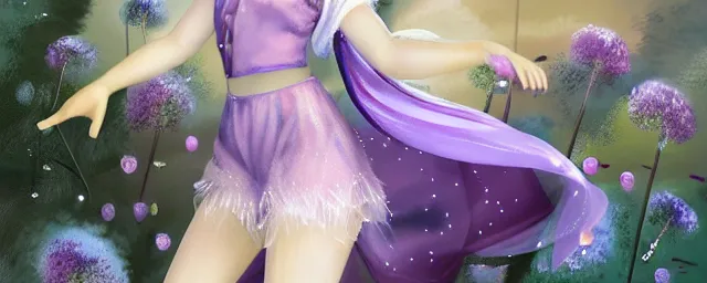 Image similar to Full View of a mysterious kpop fairy maidens with short blond hair wearing an oversized purple Beret, Baggy Purple overall shorts, Short Puffy pants made of silk, silk shoes, a big billowy scarf, Golden Ribbons, white leggings Covered in stars. Short Hair. peasant magic. masterpiece 4k digital illustration by Ruan Jia and Mandy Jurgens and Artgerm and william-adolphe bouguereau, award winning, Artstation, art nouveau aesthetic, Alphonse Mucha background, intricate details, realistic, panoramic view, Hyperdetailed, 8k resolution, intricate art nouveau, smooth, sharp focus