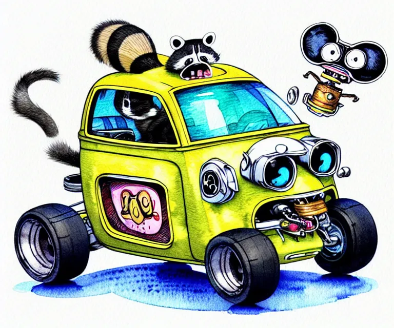 Image similar to cute and funny, racoon wearing a helmet riding in a tiny hot rod with oversized engine, ratfink style by ed roth, centered award winning watercolor pen illustration, isometric illustration by chihiro iwasaki, edited by watercolor girl, tiny details by artgerm, symmetrically isometrically centered