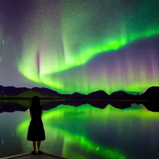 Prompt: a photo of a girl standing in a lake looking at the entire universe, ethereal, aurora borealis