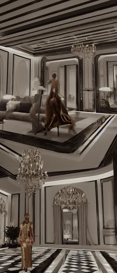 Image similar to Fashion Catwalk in a luxurious apartment interior, concept art, rendering, hyperdetailed, unreal engine 5, 4k