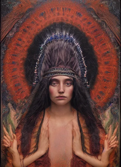 Image similar to Ayahuasca tripping cult magic psychic woman, subjective consciousness psychedelic, occult ritual, dark witch headdress, oil painting, robe, symmetrical face, greek dark myth, by John William Godward, Sean yoro, Anna Dittman, masterpiece