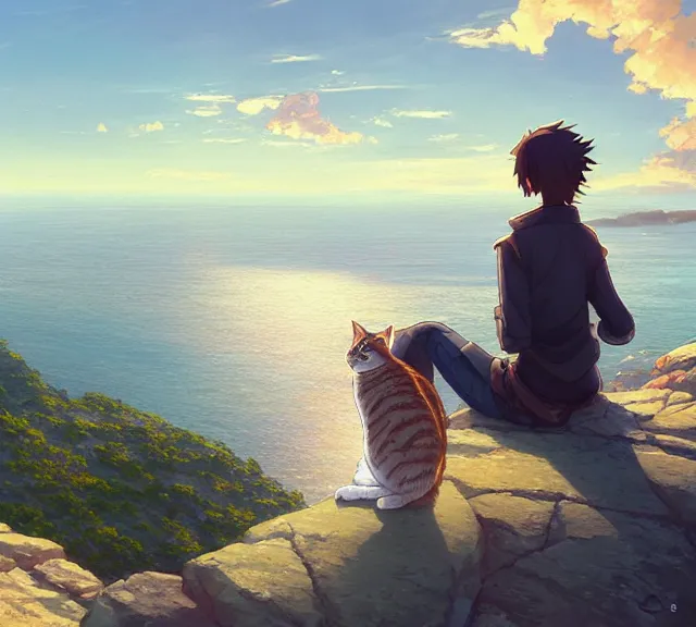 Image similar to a tabby cat sitting on a cliff overlooking the sea. Atmospheric lighting, sunset, blue sea. By Makoto Shinkai, Stanley Artgerm Lau, WLOP, Rossdraws, James Jean, Andrei Riabovitchev, Marc Simonetti, krenz cushart, Sakimichan, trending on ArtStation, digital art.