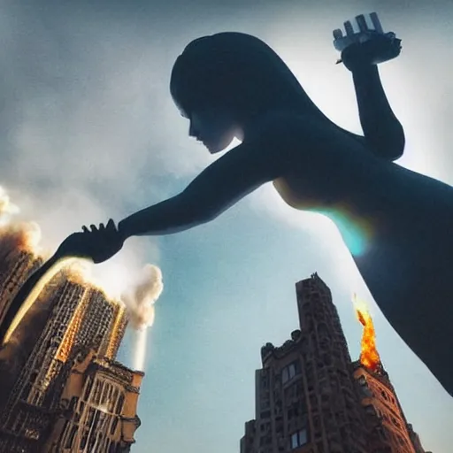 Prompt: a woman up there, sci - fi, town, on fire, giant, photoshop, colossal, creative and cool, photo manipulation, low angle