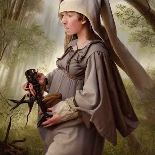 Image similar to A masterpiece portrait of a Incredibly beautiful maid barique renaissance swamp nun girl hunting on deer with russian greyhound medium shot, intricate, elegant, highly detailed. trending on artstation, digital art, by Stanley Artgerm Lau, WLOP, Rossdraws, James Jean, Andrei Riabovitchev, Marc Simonetti, Yoshitaka Amano. background by James Jean and Gustav Klimt, light by Julie Bell, 4k, porcelain skin.