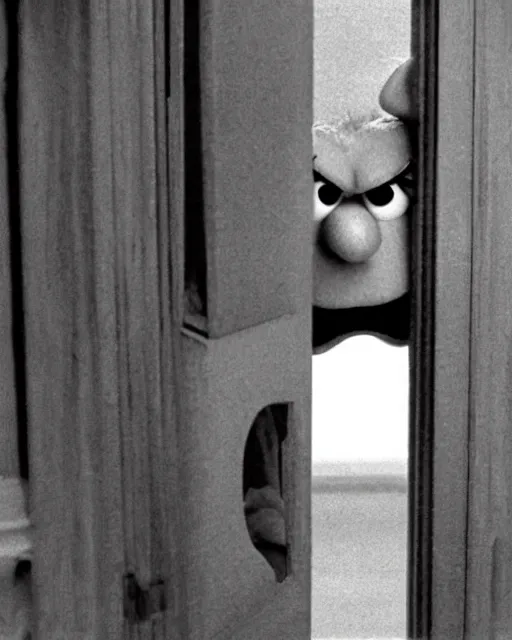 Prompt: Jack Nicholson as a muppet peers menacingly thru a gaping hole in a door recreating a scene from The Shining.