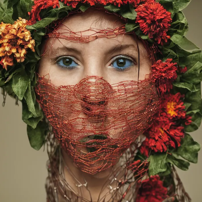 Image similar to a closeup portrait of a woman wearing a hood made of wire and zinnias, in an abandoned office building, by jan van eyck, canon eos c 3 0 0, ƒ 1. 8, 3 5 mm, 8 k, medium - format print