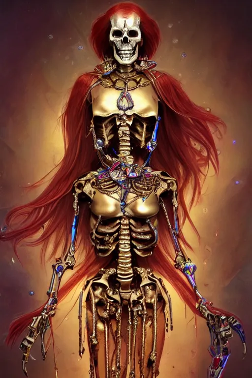 Prompt: androgyne lich skeleton made of iridescent metals and shiny gems covered with blood, long red hair, golden necklace, ultra realistic, concept art, intricate details, highly detailed, photorealistic, octane render, 8 k, unreal engine. dnd art by artgerm and greg rutkowski and alphonse mucha