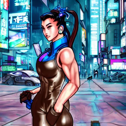 Prompt: Chun-Li in a cyberpunk city street