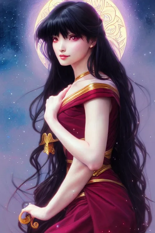 Image similar to a beautiful princess, long black hair and bangs, sailor mars aesthetic, fantasy, intricate, elegant, highly detailed, digital painting, artstation, concept art, matte, sharp focus, illustration, art by Artgerm and Greg Rutkowski and Alphonse Mucha