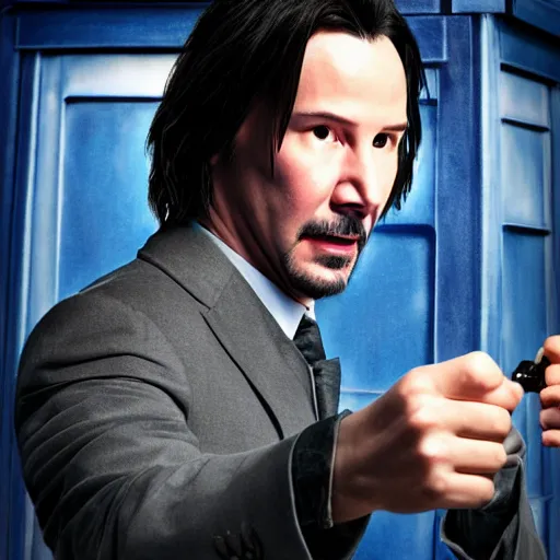 Image similar to portrait of Keanu reeves as 10th Doctor Who in the TARDIS, Photo, High details, 8k