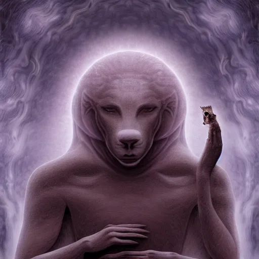 Prompt: an anthromorphic wolf monk character, meditating in a zen garden with a waterfall under the blood moon, by Adi granov and afarin sajedi and amanda sage and evgeni gordiets and Agostino Arrivabene and adonna khare in a psychedelic portrait style, ultrarealistic matte painting, volumetric lighting, fractal, extremely symmetrical, highly detailed face, orisha, 8k, hd