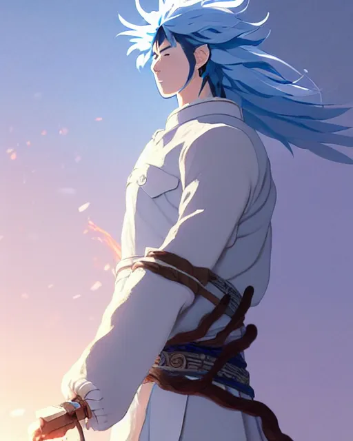 Prompt: ancient warrior, a south korean male, he wears a light blue jacket, white long hair, detailed perfect face, exquisite details, fire magic, mid view, design on a white background, by studio muti, greg rutkowski makoto shinkai takashi takeuch studio ghibli