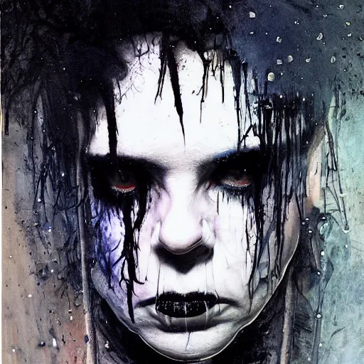 Image similar to gaunt ( the cure fan ) as dream from sandman, dim stars as eyes, by jeremy mann, by cedric peyravernay, by by russ mills, by richard avedon and ben templesmith, dramatic lightning, sadness, dark eye sockets, in the shadows, punk rock, gothic, high detailed, 8 k