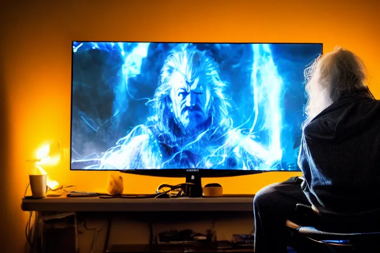 Prompt: gandalf intensely focused playing xbox, sitting in a gamers chair, face lighted by monitor, blue lighting, dark room, photo by annie leibovitz