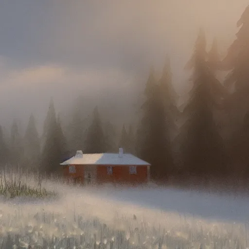 Image similar to a matte painting of a prairie, cottage close up, snow, foggy, patchy flowers, oil painting, pale colors, high detail, 8 k, wide angle, trending on artstation,