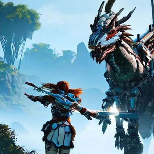 Prompt: cinematic still of horizon zero dawn, intact si - fi robotic fantasy dragon, highly detailed