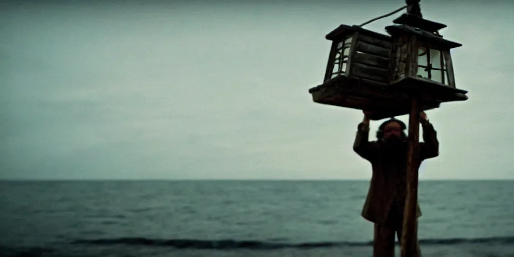 Image similar to film still of closeup old man holding up lantern by his beach hut at night. pirate ship in the ocean by emmanuel lubezki