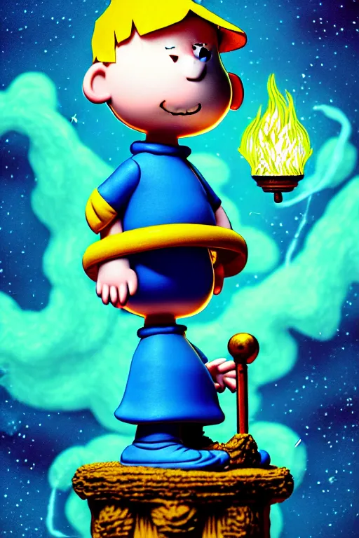 Prompt: Linus from Charlie Brown as the Hermit Major Arcana Tarot Card, magical realism, texture, intricate, ornate, royally decorated, whirling blue smoke, embers, radiant colors, fantasy, trending on artstation, volumetric lighting, micro details, 3d sculpture, ray tracing, 8k, anaglyph effect