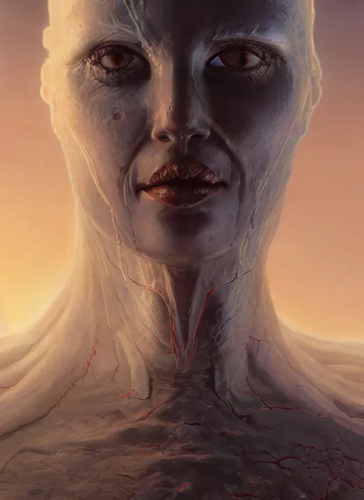 Image similar to biblical female android, glowing veins, in clouds, sunset, glowing eyes, snow, portrait by wayne barlowe, studio lighting, muted colors, by frank frazetta, extreme detail, reflections, trending on artstation, 8 k
