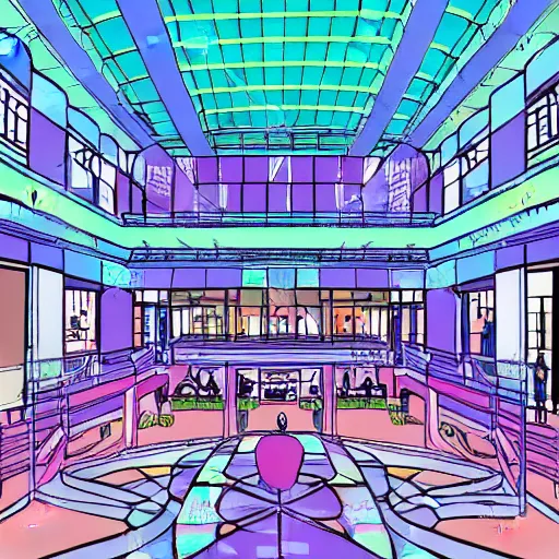Prompt: illustration in pastel colors of the main atrium of a 1 9 9 0 s mall with abstract neons