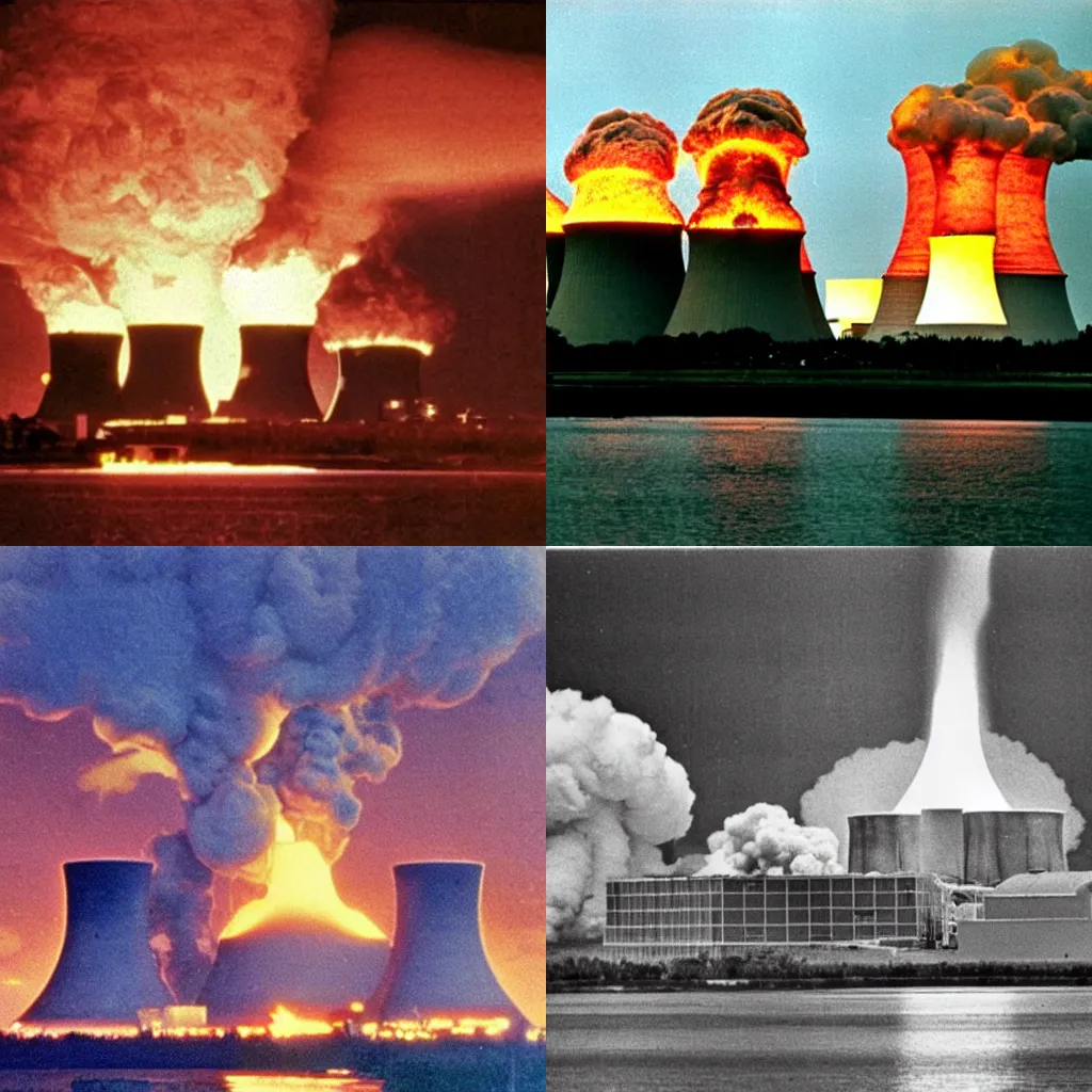 Prompt: nuclear power plant reactor explosion, 1980s picture.