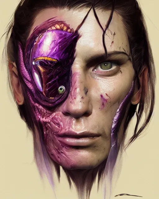 Prompt: '' Face portrait of a fighter with a scarred eye, reptile skin, purple eyes, long hair with a ponytail , sci-fy, cyberpunk, high detail, 4k , digital painting, artstation, concept art, sharp focus, illustration, art by greg rutkowski and alphonse mucha ''