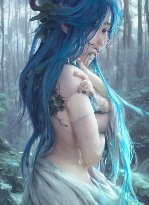 Image similar to stunningly beautiful female blue hair, dj sura face, fantasy art, fae priestess, lush forest landscape, dark light night, sharp focus, digital painting, 8 k, concept art, art by wlop, artgerm, greg rutkowski and alphonse mucha