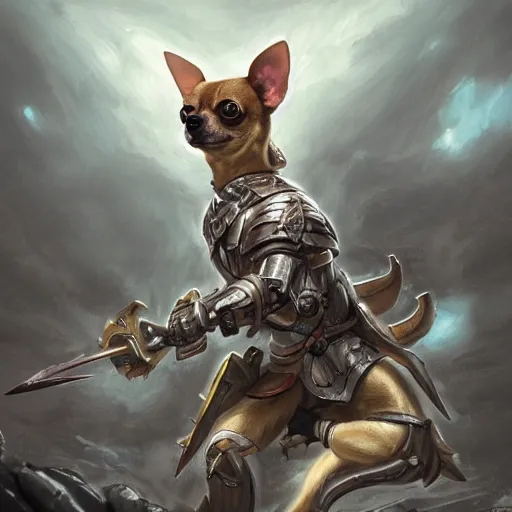 Image similar to tan coloured chihuahua Dog, battle armour, Anthropomorphized, casting epic spell, magic the gathering artwork, D&D, fantasy, cinematic lighting, centered, symmetrical, highly detailed, digital painting, artstation, concept art, smooth, sharp focus, illustration, volumetric lighting, epic Composition, 8k, art by Akihiko Yoshida and Greg Rutkowski and Craig Mullins, heroic pose, oil painting, cgsociety, magic lab background