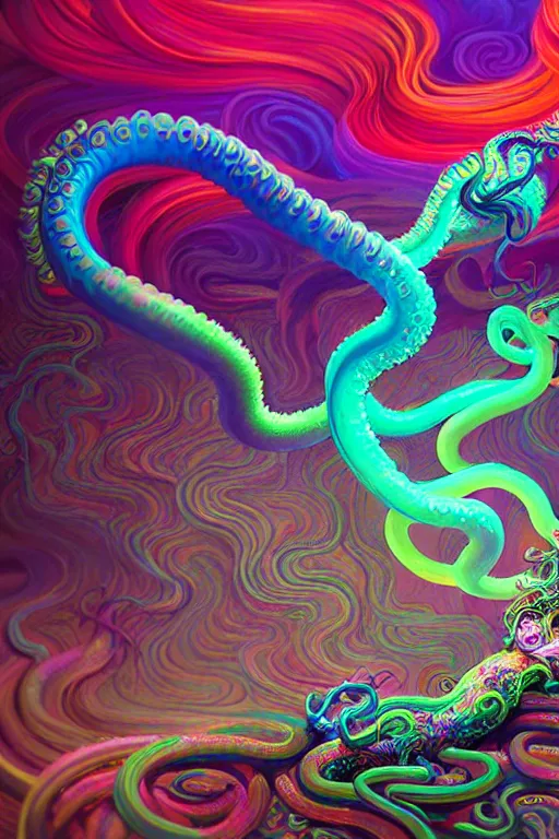 Image similar to tentacles coming out of colorful liquid smoke and neon clouds,, dmt, psilocybin, lsd, detailed, intricate, elegant, highly detailed, digital painting, artstation, concept art, smooth, sharp focus, illustration, art by hana yata, and artem demura and beeple, octane render, unreal engine, 8 k
