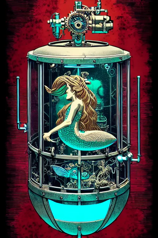 Image similar to steampunk cryo chamber containing a mermaid, high details, intricately detailed, by vincent di fate, inking, 3 color screen print, masterpiece, trending on artstation,, sharp, details, hyper - detailed, hd, 4 k, 8 k