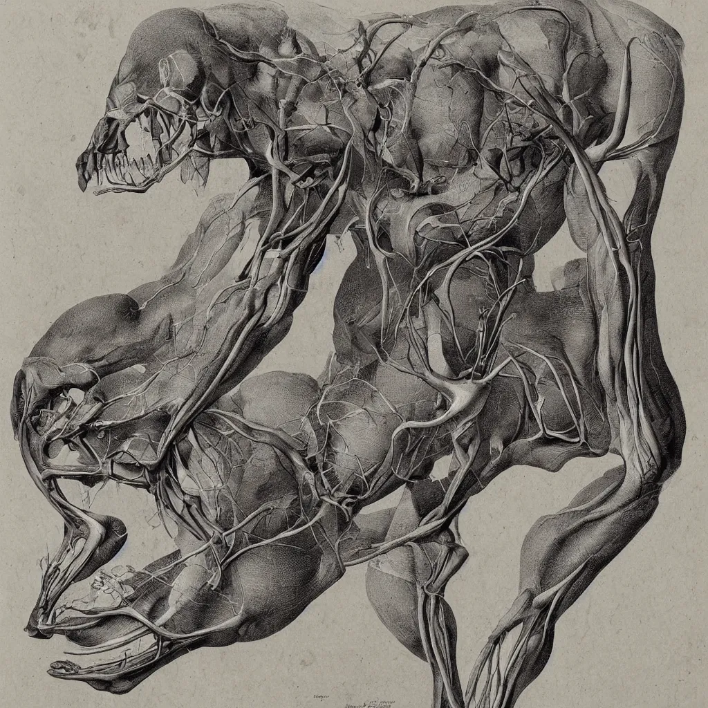 Image similar to anatomical engraving of an unknown specie, anatomical study of animal hybrids from another universe