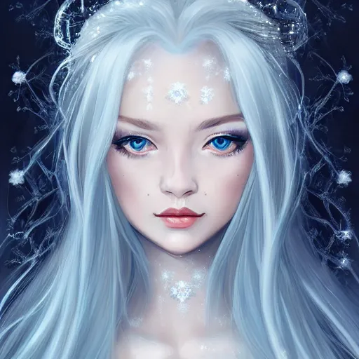 Image similar to A portrait of an attractive young female ice angel, beautiful long white hair, wearing ice crystals, intricate, highly detailed, elegant, digital painting, trending on artstation