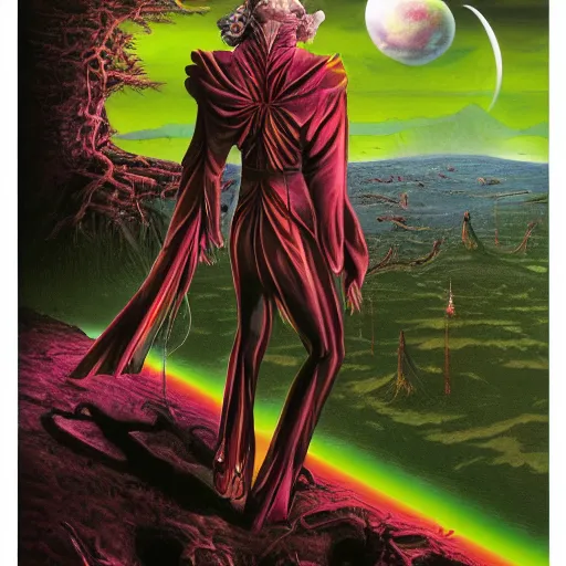 Prompt: Vampire traveling through a beautiful psychedelic world, illustrated by Jim Burns