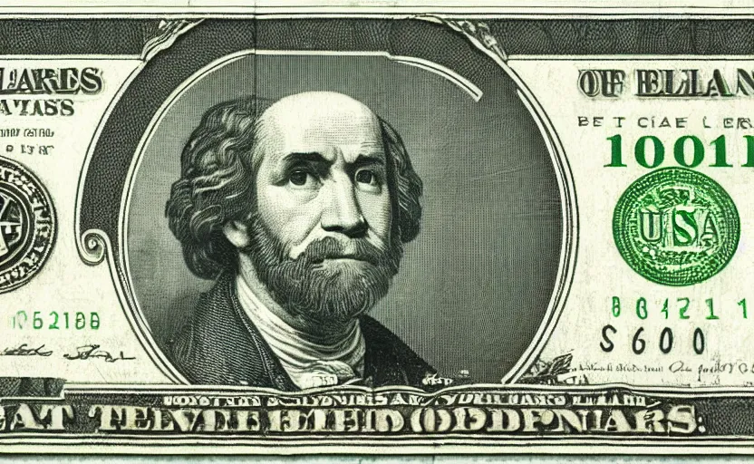 Prompt: rectangular photograph of four dollar u. s. currency note featuring bob ross