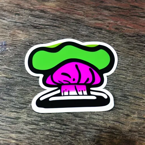 Image similar to Spencers Shroomery sticker. Mushroom theme, 1970s style, by Aaron Draplin