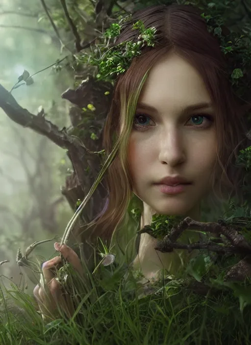 Image similar to Beautiful art portrait of a Fantasy female elf on a lush forest meadow, atmospheric lighting, intricate detail, cgsociety, hyperrealistic, octane render, RPG portrait, ambient light, dynamic lighting