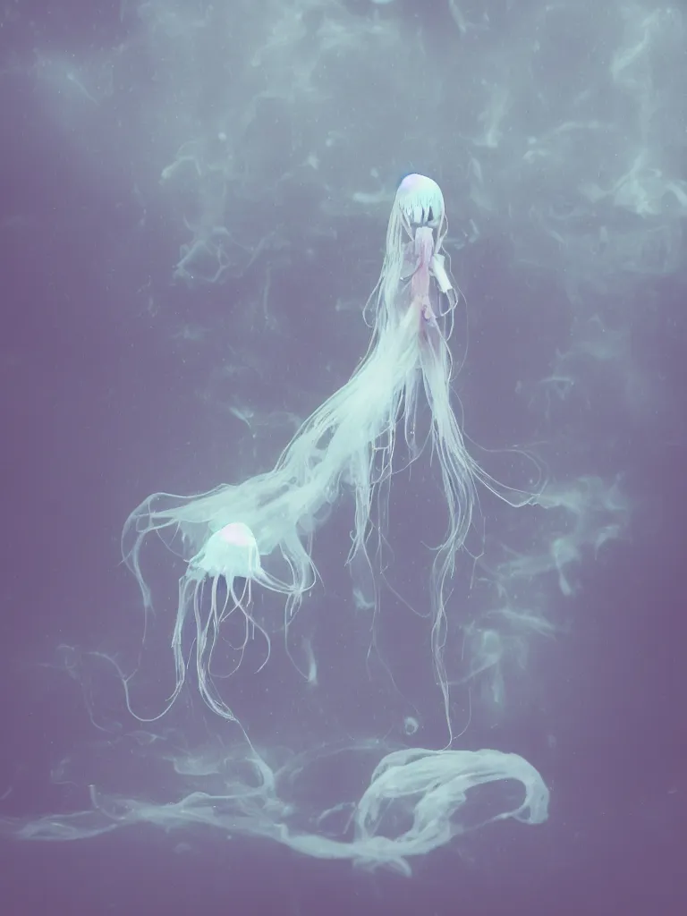 Prompt: cute fumo plush beautiful chibi ectoplasmic gothic skeletal jellyfish ghost girl, glowing milky wisps of hazy smoke and volumetric fog on a heavy rainstormy reflective river in the falling rain, lens flare, subsurface scattering, vignette, asymmetry, bokeh, refraction, vray