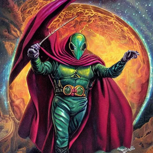 Prompt: Mysterio, artwork by Earl Norem,