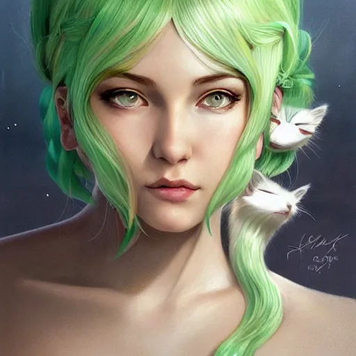 Image similar to ultra realistic illustration, dream girl with white hair, with light green eyes, with cat ears, in a sundress, intricate, elegant, highly detailed, digital painting, artstation, concept art, smooth, sharp focus, illustration, art by artgerm and greg rutkowski and alphonse mucha