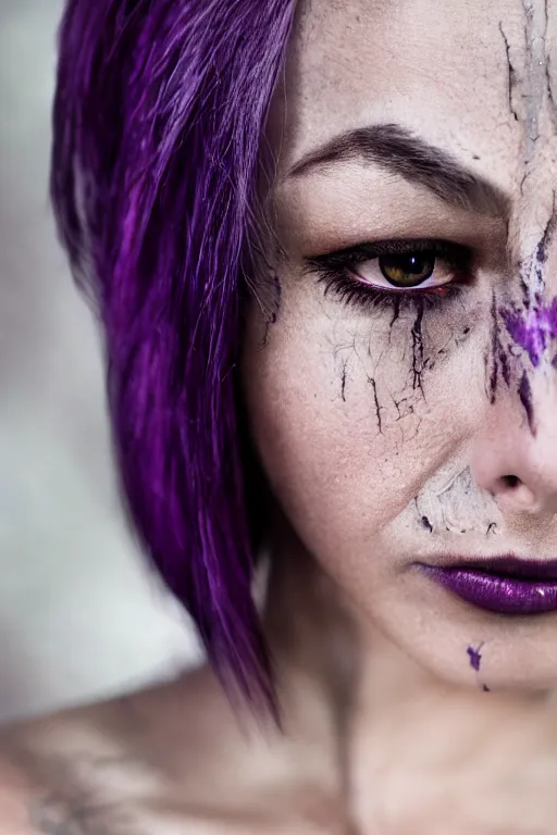 Prompt: highly detailed close up, elder ring, portrait photo of female forest elf black hair, purple eyes, black dress, with scar dramatic light, 8 k, by william didier