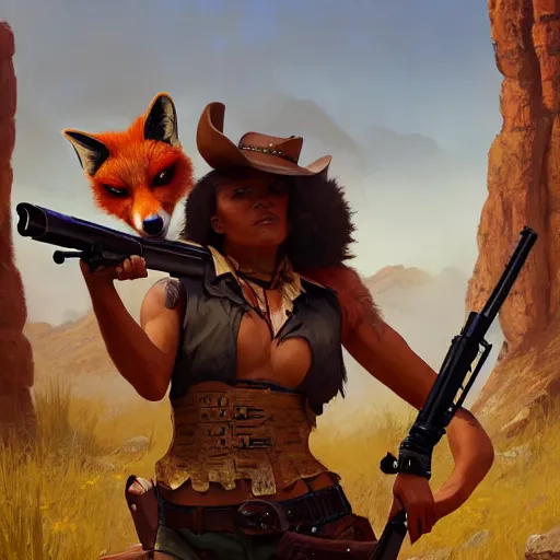 Prompt: splash art of cute anthropomorphic vulpes vulpes fulva as a bounty huntress in wild west in a gunfight, rugged clothes, motion blur, bullets whizzing, high energy : by weta, greg rutkowski, wlop, ilya kuvshinov, rossdraws, artgerm, octane render, iridescent