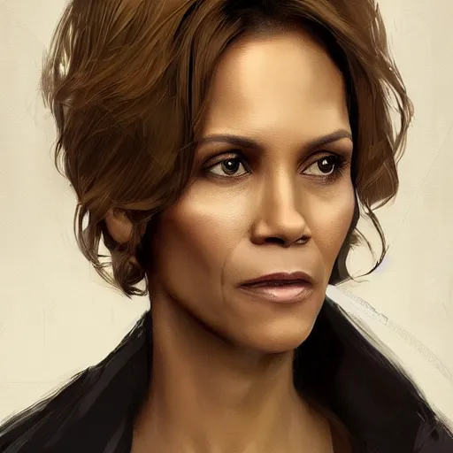 Image similar to portrait of maci holloway, first woman elected as president in usa, cold but beautiful, about 3 5 years old, highly detailed, mix of halle berry and julia roberts, artstation hd, deviantart, by artgem, greg rutkowski